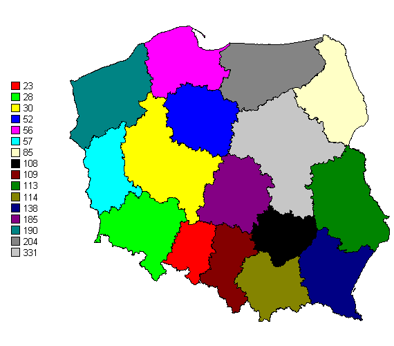 Mapka iloci instalacji w poszczeglnych wojewdztwach